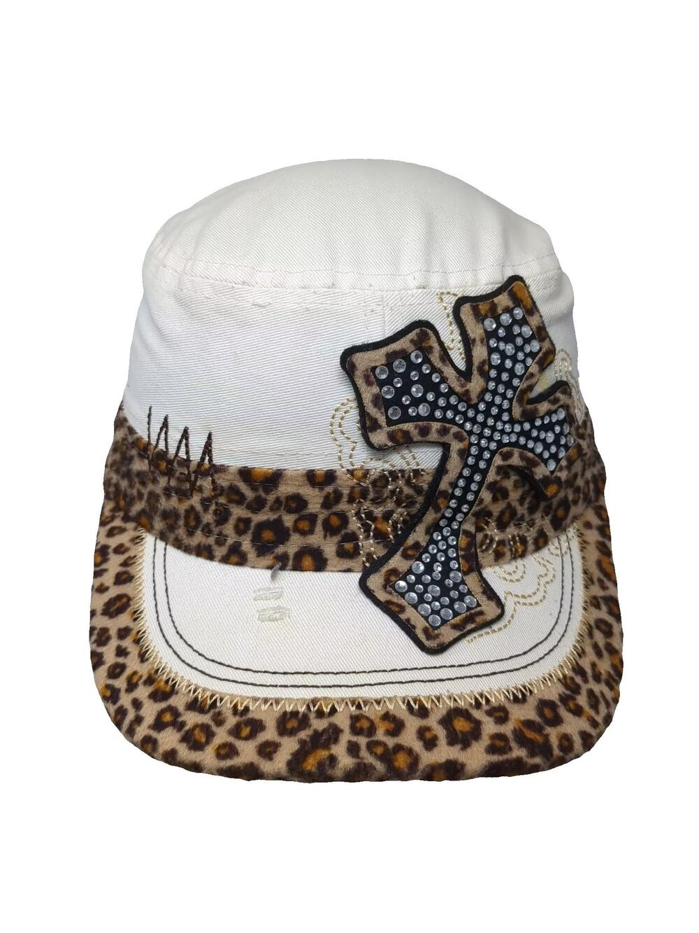 The Alabama Girl Army Cap White Leopard Rhinestone Cross One Size Hat Adjustable